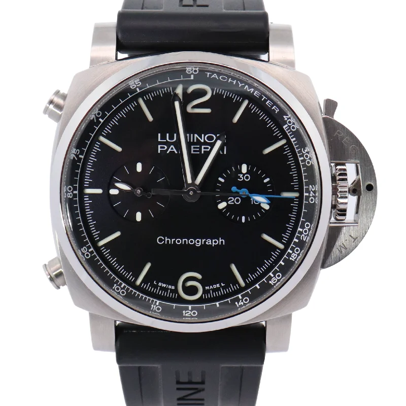 Panerai Luminor 44mm Brushed Steel Black Chronograph Watch Reference# PAM01109