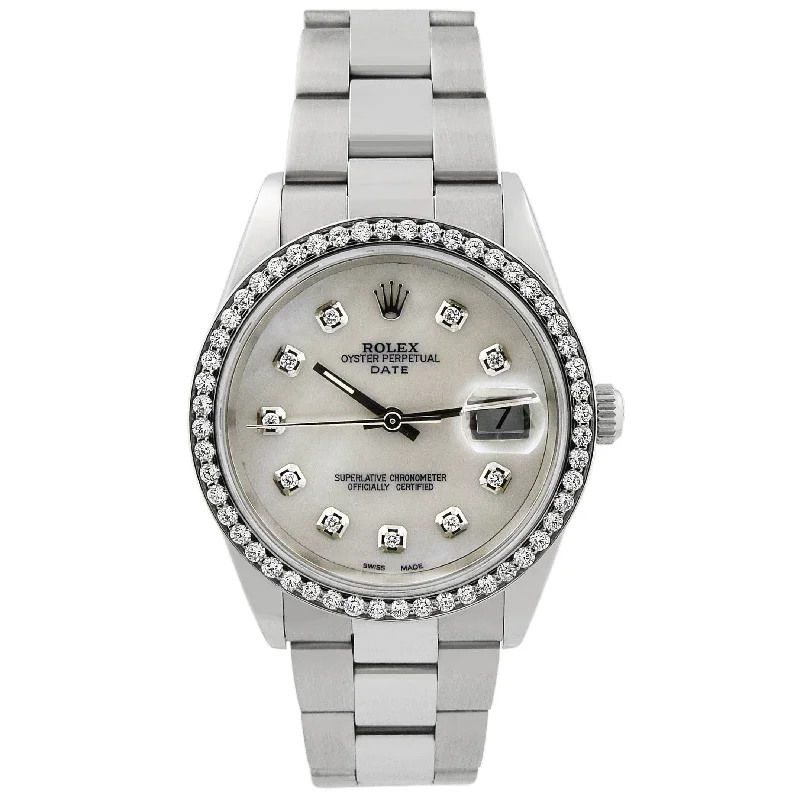 Rolex Datejust Stainless Steel 34mm Custom White MOP Diamond Dial Watch Reference#: 15200