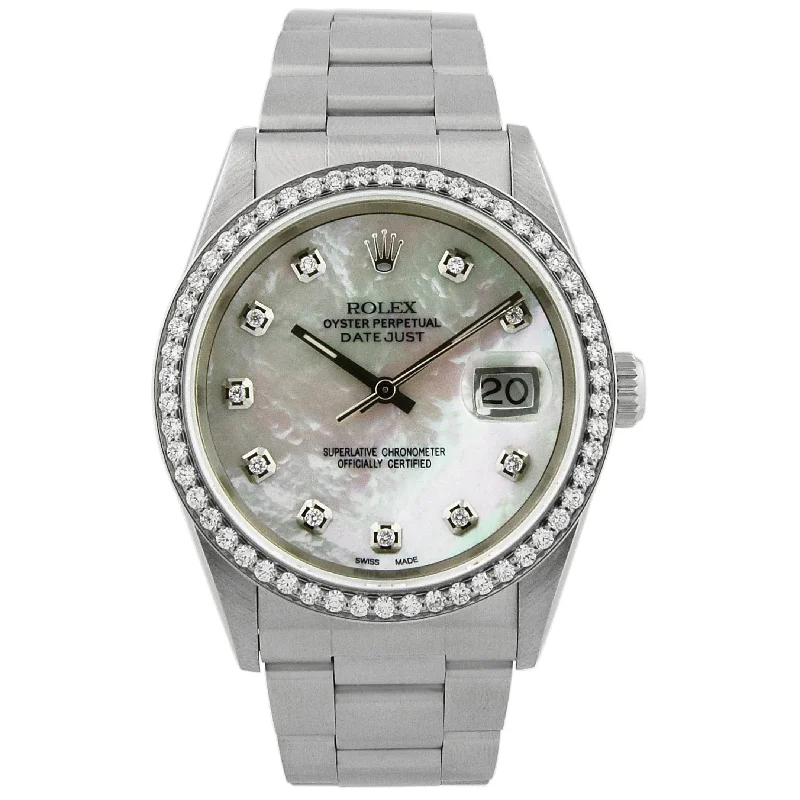 Rolex Datejust Stainless Steel 34mm Custom White MOP Diamond Dial Watch Reference#: 15210