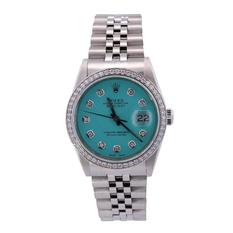 Rolex Datejust Stainless Steel 36mm Custom Turquoise Diamond Dial Watch Ref# 16234