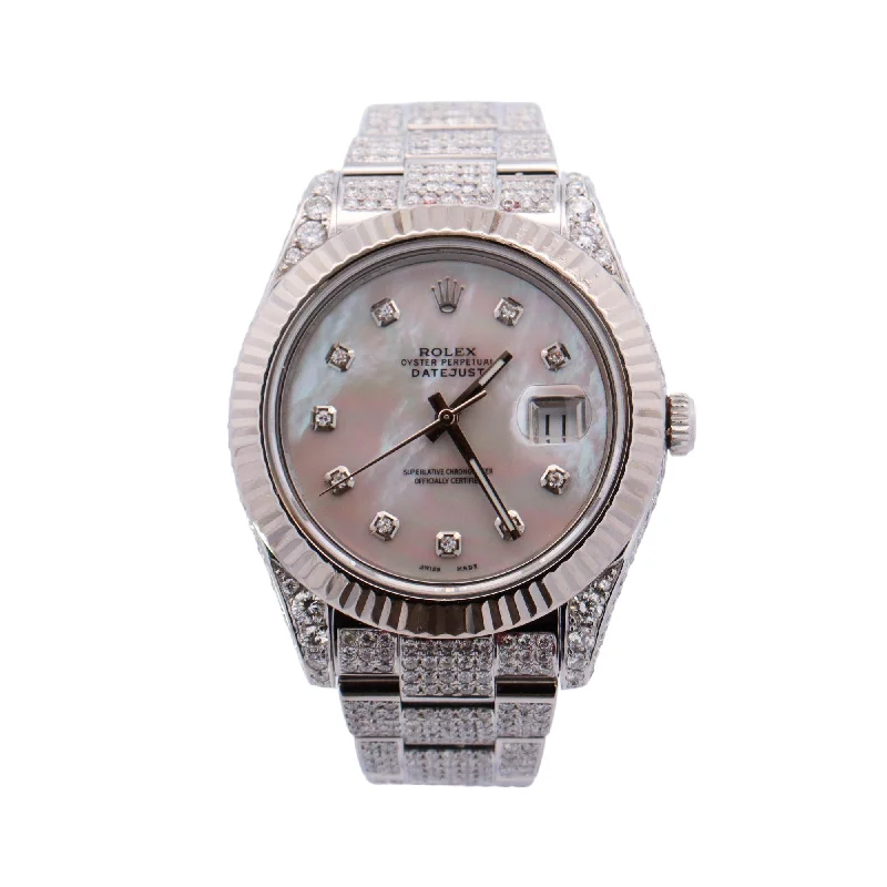 Rolex Datejust Stainless Steel Iced Out 41mm White MOP Diamond Dial Watch Reference# 116300