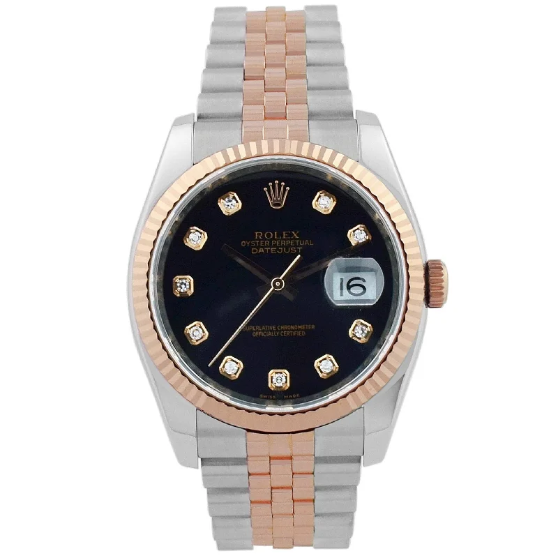 Rolex Datejust Two Tone Rose Gold & Steel 36mm Black Diamond Dial Watch Reference#: 116231