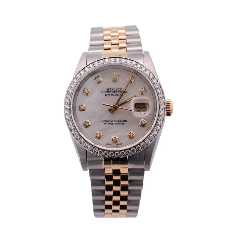 Rolex Datejust Two Tone Yellow Gold &  Stainless Steel 36mm White MOP Diamond Dial Watch Reference# 16233