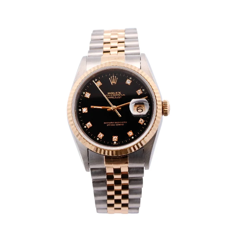 Rolex Datejust Two-Tone Stainless Steel & Yellow Gold 36mm Black Diamond Dial Watch Reference# 16233