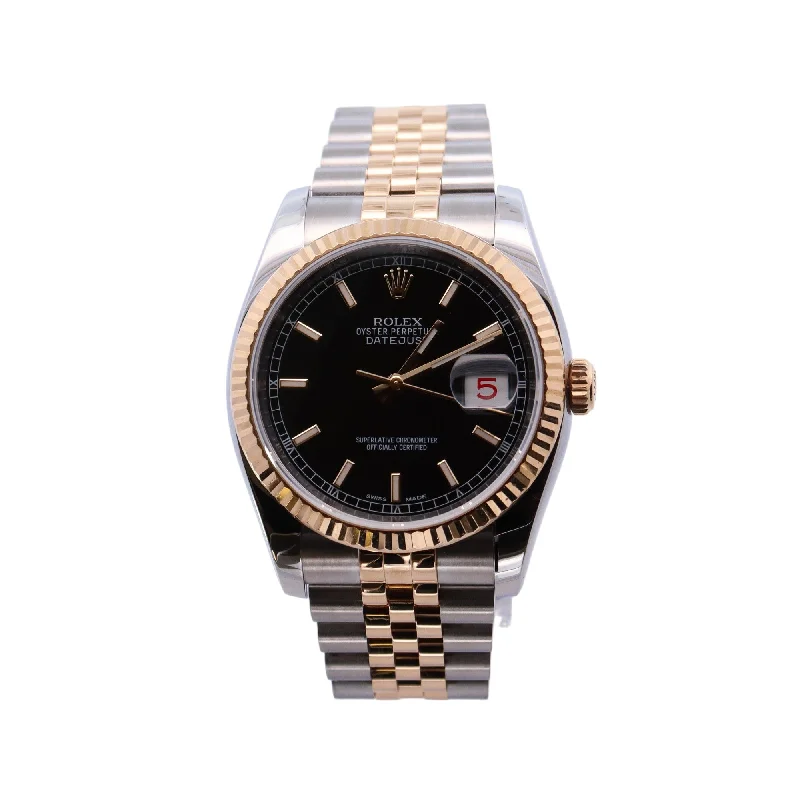 Rolex Datejust Two-Tone Stainless Steel & Yellow Gold 36mm Black Stick Dial Watch Reference# 116233