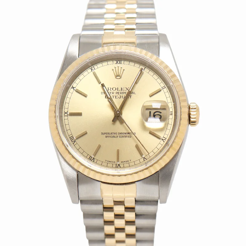 Rolex Datejust Two-Tone Stainless Steel & Yellow Gold 36mm Champagne Stick Dial Watch Reference #: 16233