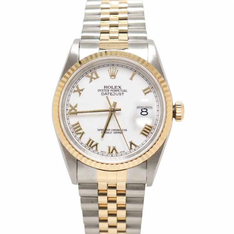 Rolex Datejust Two-Tone Stainless Steel & Yellow Gold 36mm White Roman Dial Watch Reference #: 16233