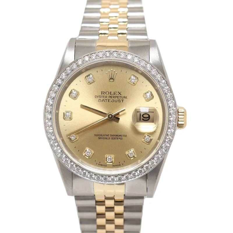 Rolex Datejust Two Tone Yellow Gold & Steel 36mm Champagne Diamond Dial Watch Reference#: 16233