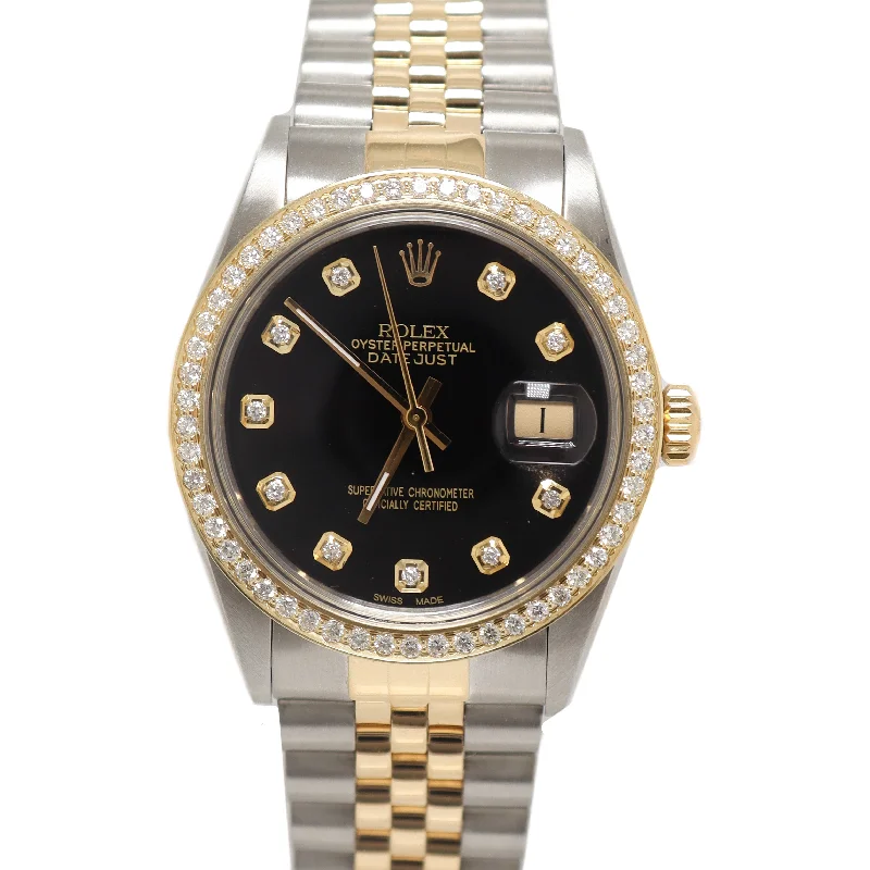 Rolex Datejust Two Tone Yellow Gold & Steel 36mm Custom Black Diamond Dial Watch  Reference# 16233