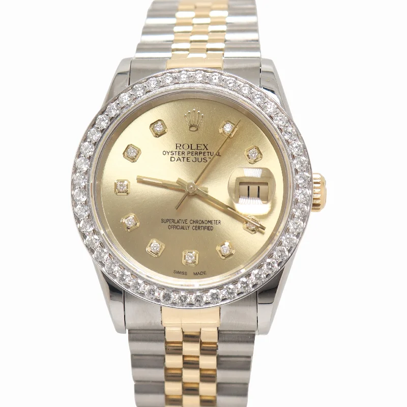 Rolex Datejust Two Tone Yellow Gold & Steel 36mm Custom Champagne Diamond Dial Watch Reference#: 16233