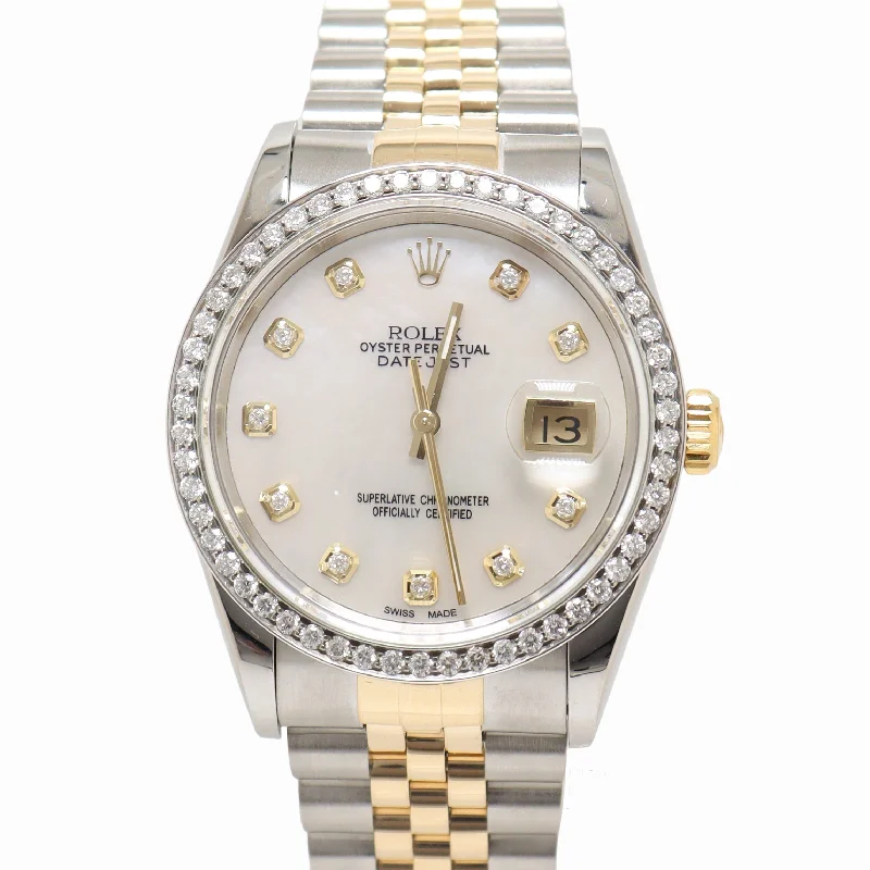 Rolex Datejust Two Tone Yellow Gold & Steel 36mm Custom  White MOP Diamond Dial Watch Reference#: 1601