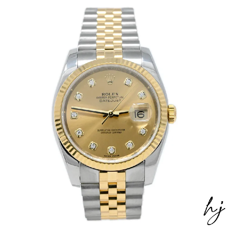 Rolex Datejust Two Tone Yellow Gold & Steel 36mm Factory Champagne Diamond Dial Watch Reference#: 116233