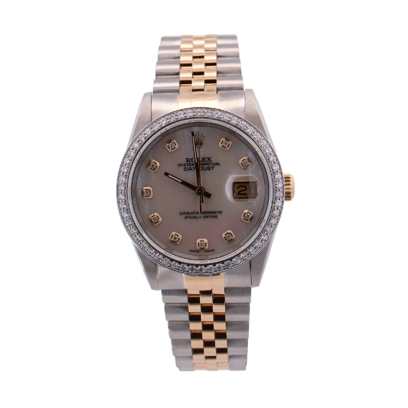 Rolex Datejust Two Tone Yellow Gold & Steel 36mm White MOP Diamond Dial Watch Reference# 16233