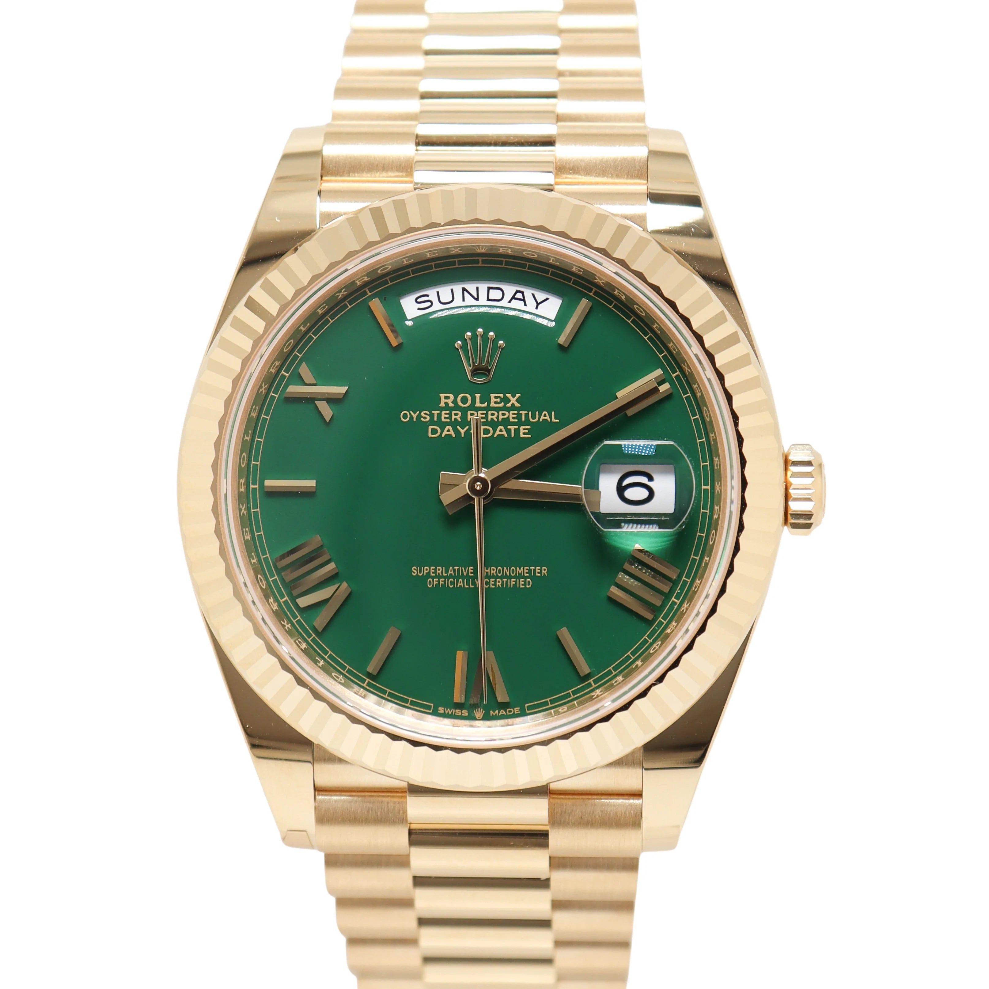 Rolex Day Date 40mm Yellow Gold Green Roman Dial Watch Reference# 228238