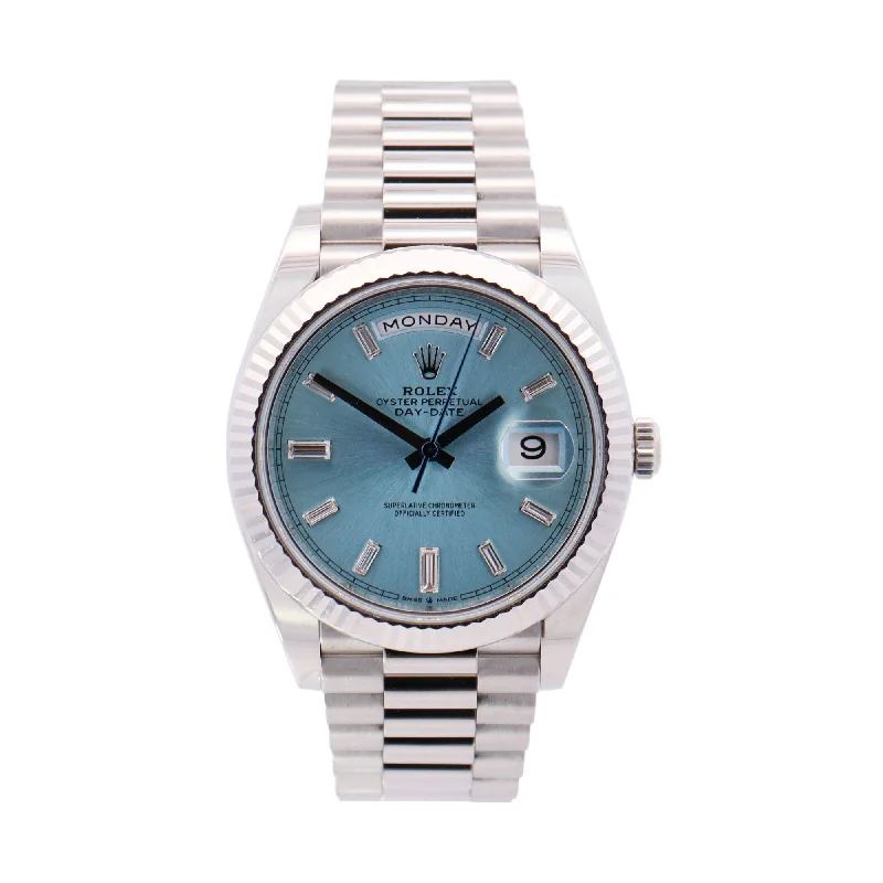 Rolex Day-Date Platinum 40mm Blue Baguette Diamond Dial Watch Reference# 228236