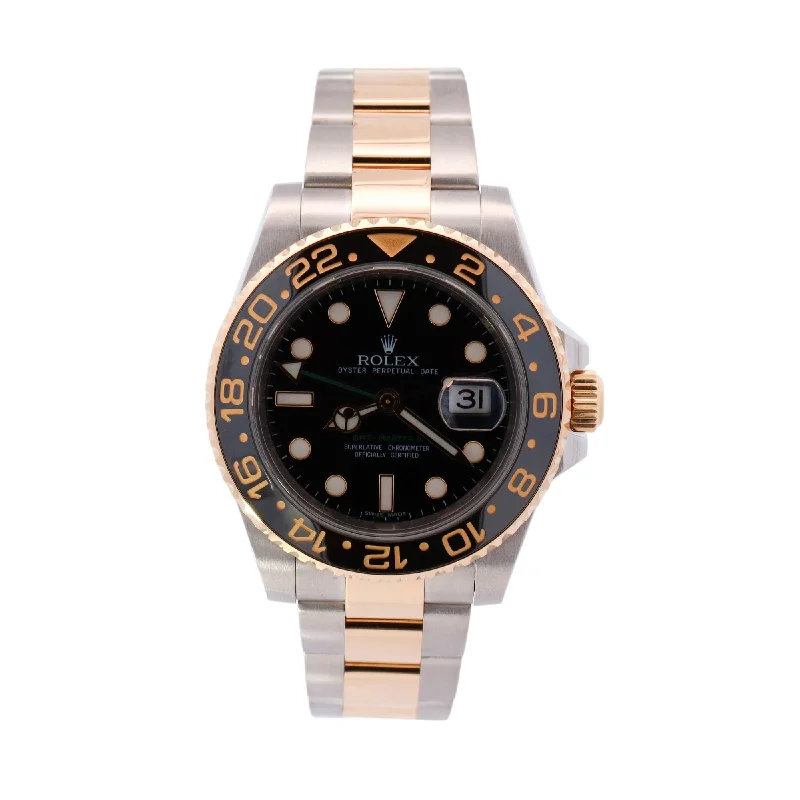 Rolex GMT Master II Two Tone Stainless Steel and Yellow Gold 40mm Black Dot Dial Watch  Reference# 116713LN