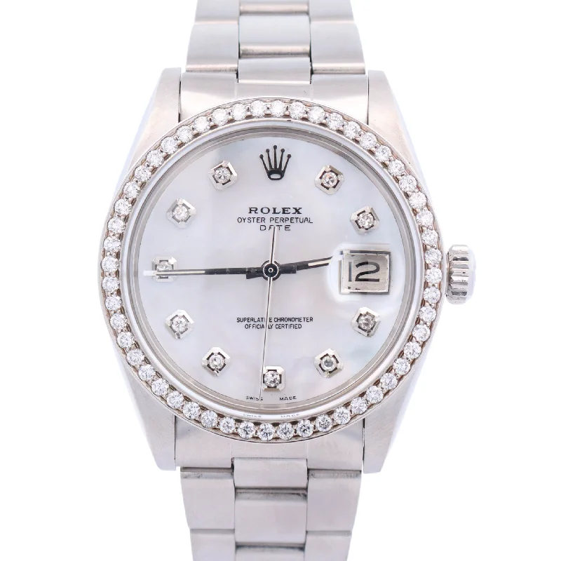 Rolex Oyster Perpetual Date 34mm Stainless Steel Custom White MOP Diamond Dial Watch Reference# 1501