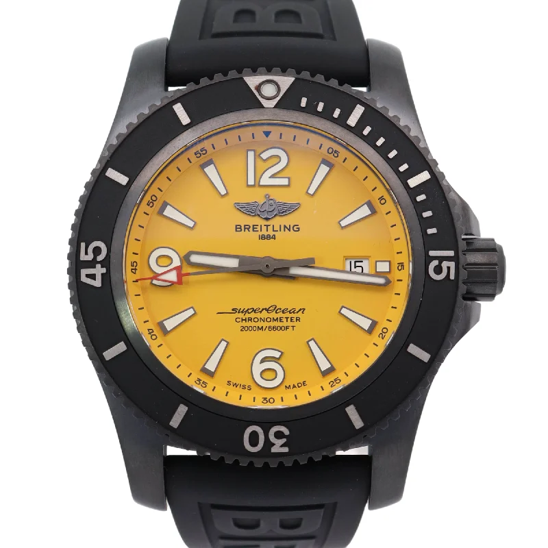 Breitling Super Ocean Blacksteel 46mm Yellow Roman & Stick Dial Watch Reference#: M17368D71I1S1