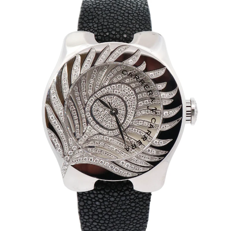 Carrera y Carrera Pearl Peacock Avalon Stainless Steel 41mm MOP Pave Diamond Dial Watch