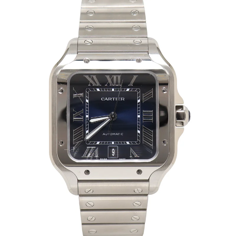 Cartier Santos 47mm Stainless Steel Blue Roman Dial Watch Reference# WSSA0030