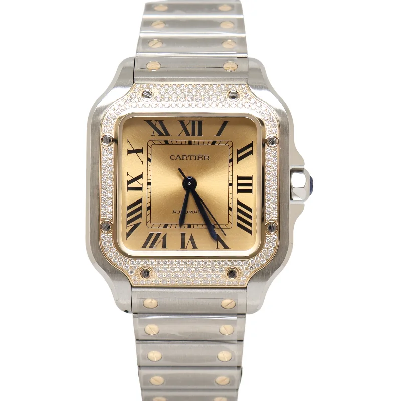 Cartier Santos Two Tone Yellow Gold & Stainless Steel 35mm Champagne Roman Dial Watch Reference# W3SA0007