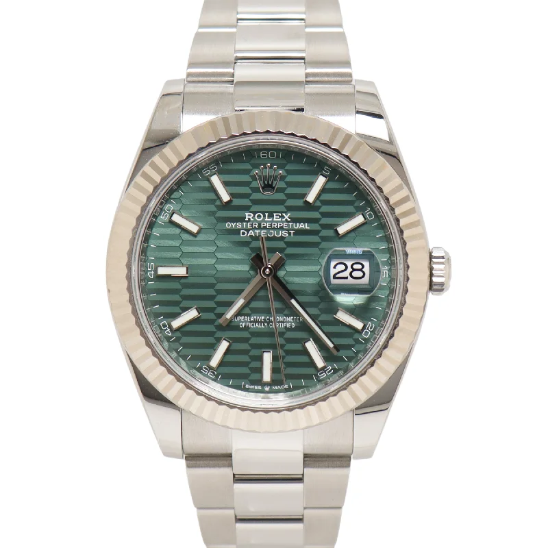 Rolex Datejust 41mm Stainless Steel Mint Green Fluted Motif Stick Dial Watch Reference# 126334