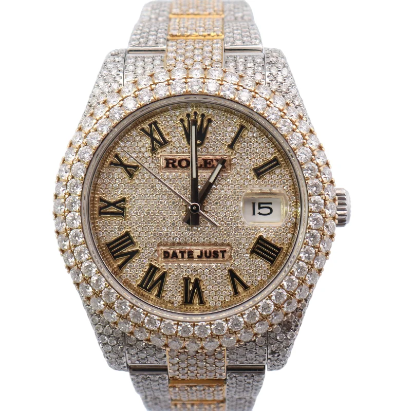 Rolex Datejust II 41mm Fully Iced Out Yellow Gold & Stainless Steel Roman Pave Diamond Dial Watch Reference# 116333