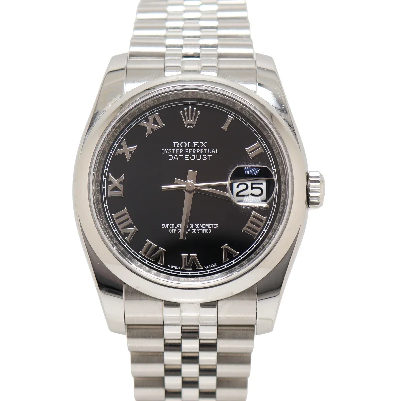 Rolex Datejust Stainless Steel 36mm Black Roman Numerals Dial Watch Reference#: 116200