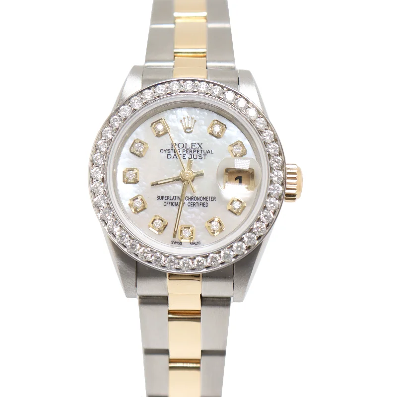 Rolex Datejust Two Tone Stainless Steel & Yellow Gold 26mm Custom White MOP Diamond Dial Watch Reference#: 79163