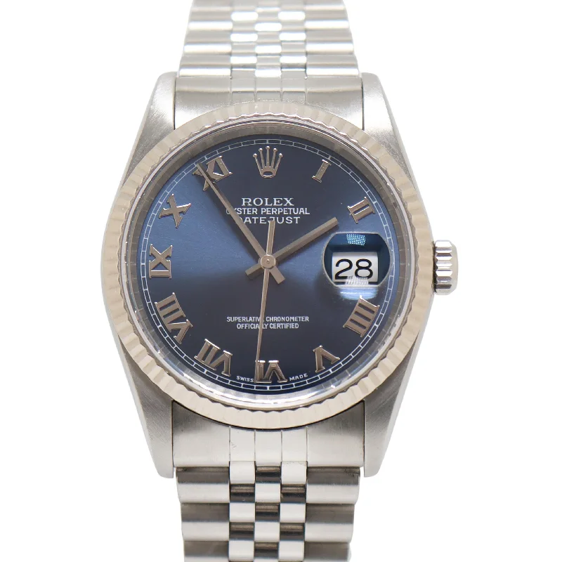 Rolex Datejust Two Tone White Gold & Stainless Steel 36mm Blue w/ Roman Numerals  Dial Watch Reference# 16234