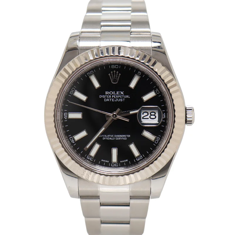 Rolex Datejust Two Tone White Gold & Steel 41mm Black Stick Dial Watch Reference#: 116334