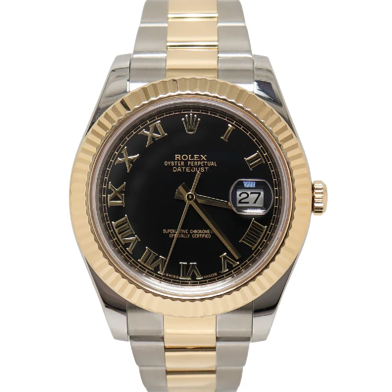 Rolex Datejust Two Tone Yellow Gold & Stainless Steel 41mm Black Roman Dial Watch Reference#: 116333