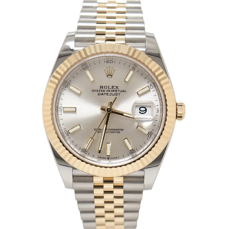 Rolex Datejust Two Tone Yellow Gold & Stainless Steel 41mm Silver Stick Dial Watch