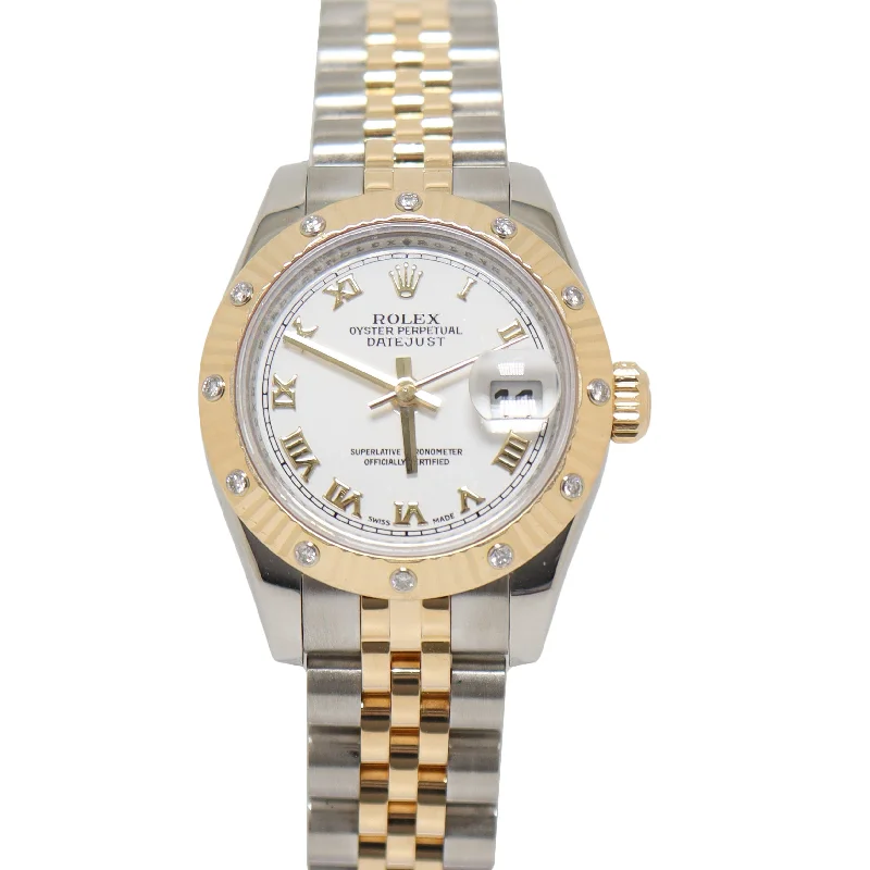 Rolex Datejust Two Tone Yellow Gold & Steel 26mm White Roman Numeral Dial Watch Reference#: 179313