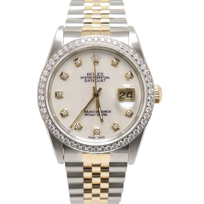 Rolex Datejust Two Tone Yellow Gold  & Steel 36mm Custom White MOP Diamond Dial Watch Reference#: 16233