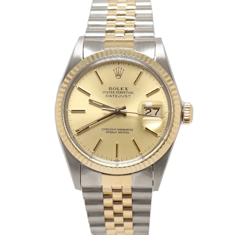 Rolex Datejust Yellow Gold & Stainless Steel 36mm Champagne Stick Dial Watch Reference# 16013