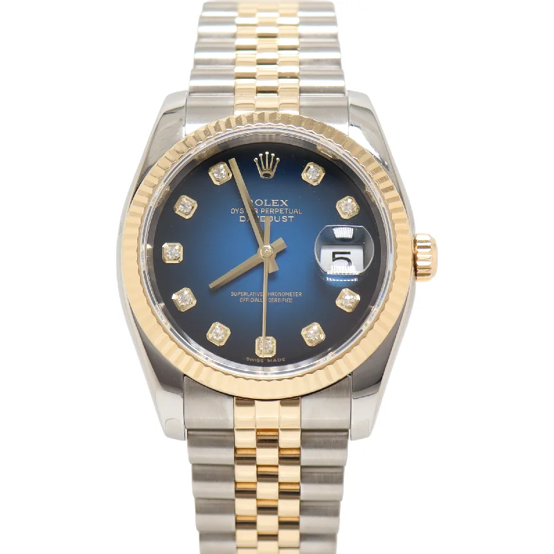 Rolex Datejust Yellow Gold & Steel 36mm Blue Diamond Dial Watch Reference# 116233