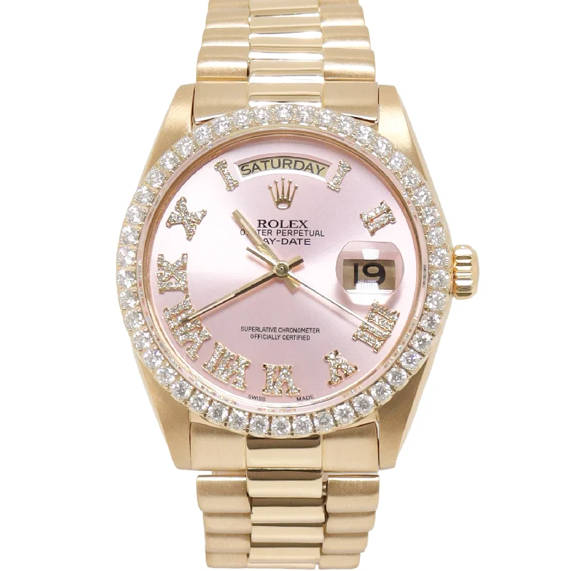 Rolex Day Date Yellow Gold 36mm Pink Roman Diamond Dial Watch Reference#: 18038