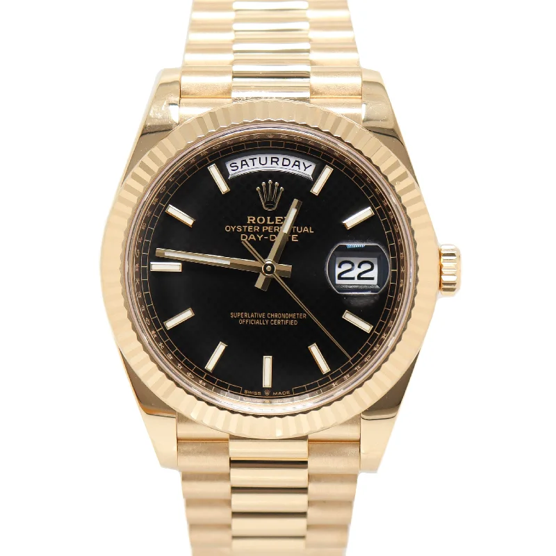 Rolex Day-Date Yellow Gold 40mm Black Diagonal Motiff Dial Watch Reference# 228238