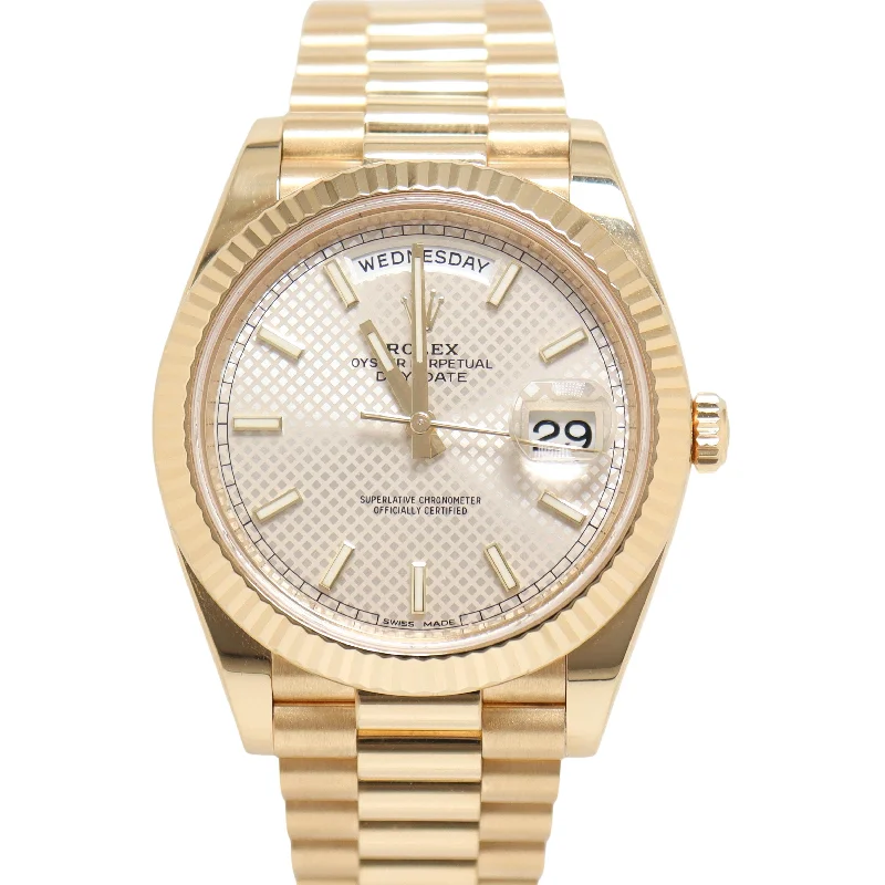 Rolex Daydate Yellow Gold 40mm Silver Diagonal Stick Dial Watch Reference#: 228238