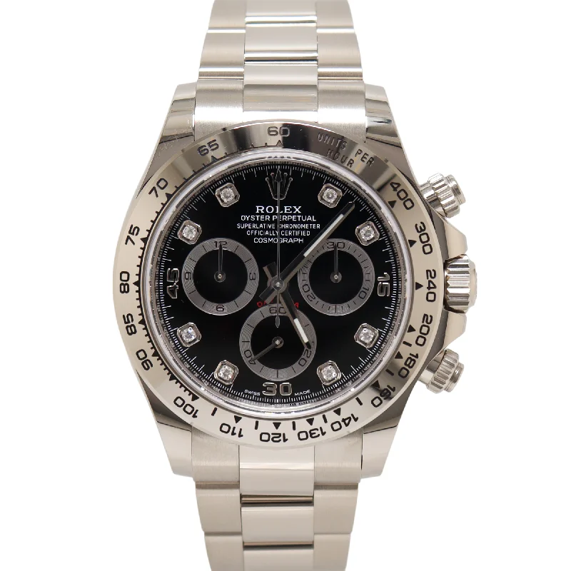 Rolex Daytona 40mm White Gold Black Diamond Chronograph Dial Watch Reference# 116509