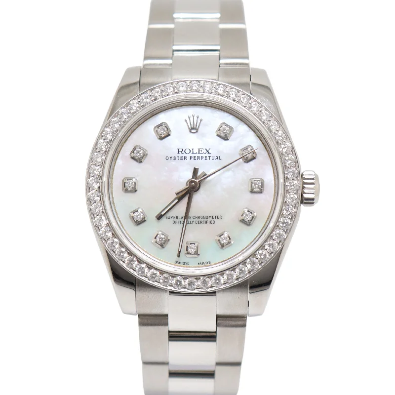 Rolex Oyster Perpetual Stainless Steel 31mm White Custom MOP Diamond Dial Watch Reference# 67480