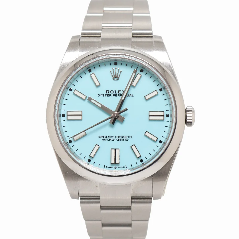 Rolex Oyster Perpetual 41mm Stainless Steel Turquoise Stick Dial Watch Reference#: 124300