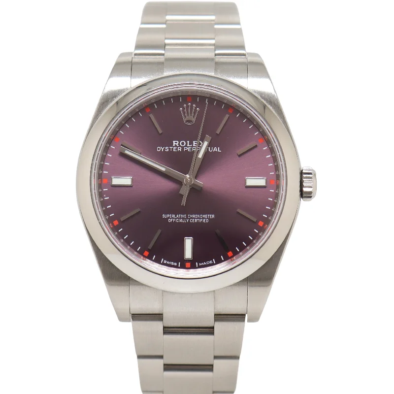 Rolex Oyster Perpetual Stainless Steel 39mm Red Grape Stick Dial Watch Reference#  114300