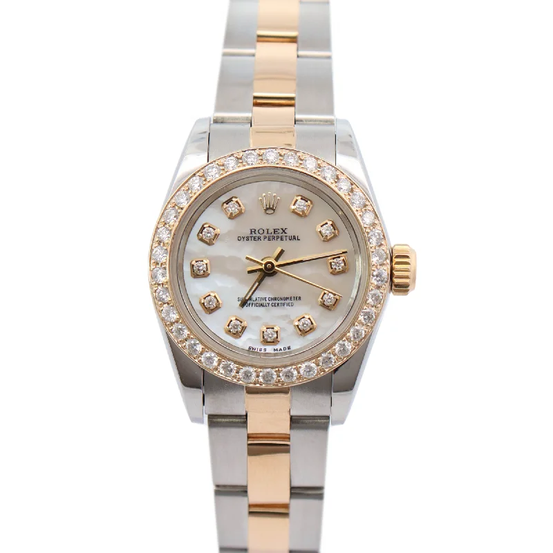 Rolex Oyster Perpetual 26mm Yellow Gold & Stainless Steel White MOP Diamond Dial Watch Reference# 67183