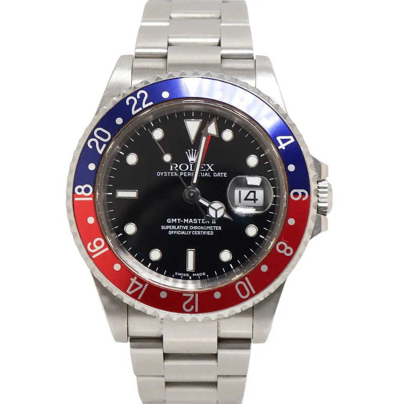 Rolex Pepsi GMT Master II Stainless Steel 40mm Black Dot Dial Watch Reference#: 16710