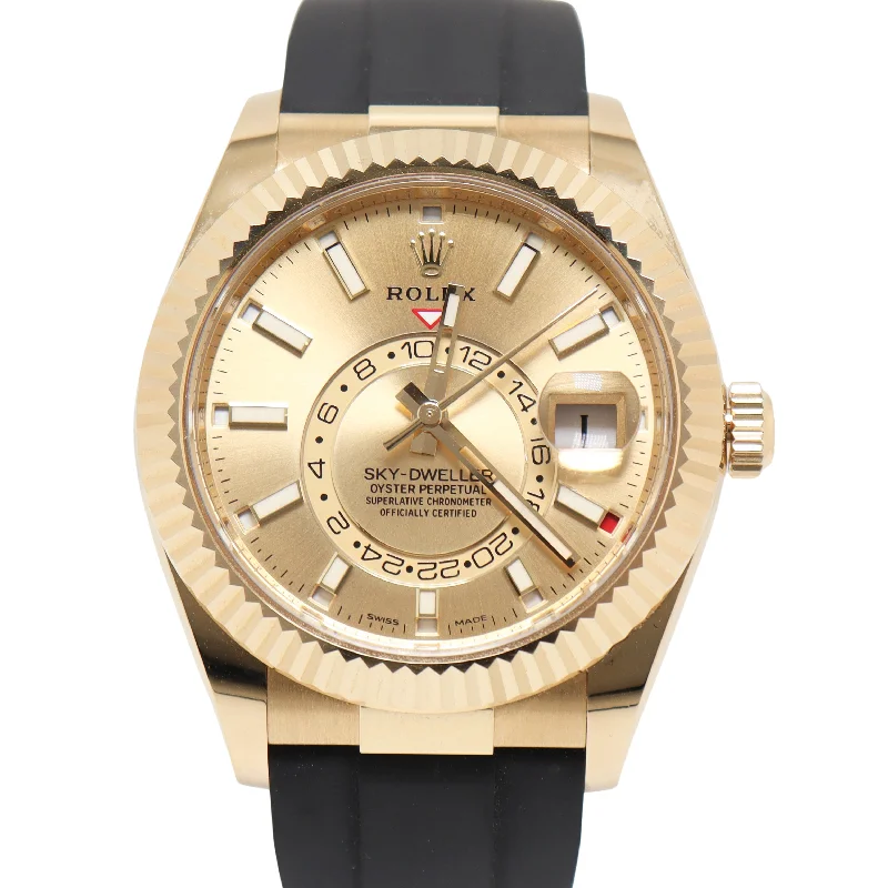 Rolex Sky Dweller Yellow Gold 42mm Champagne Stick Dial Watch Reference#: 326238