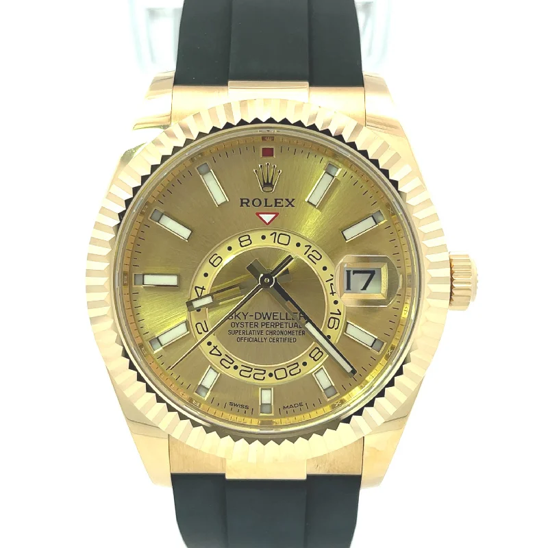 Rolex Sky Dweller Yellow Gold 42mm Champagne Stick Dial Watch Reference# 326238