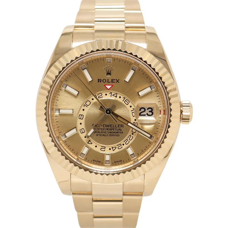 Rolex Sky Dweller Yellow Gold 42mm Champagne Stick Dial Watch Reference#: 326938