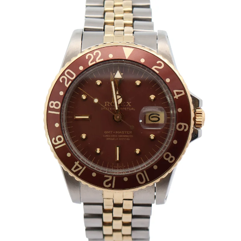 Rolex Vintage GMT Master "Rootbeer" Two Tone Yellow Gold & Steel 40mm Brown Dot Dial Watch Reference# 1675